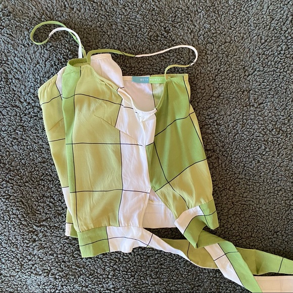 Silk Halter Crop Top Lime Green Print Plaid Summer Tube with Straps Y2K bow tie - Picture 5 of 11